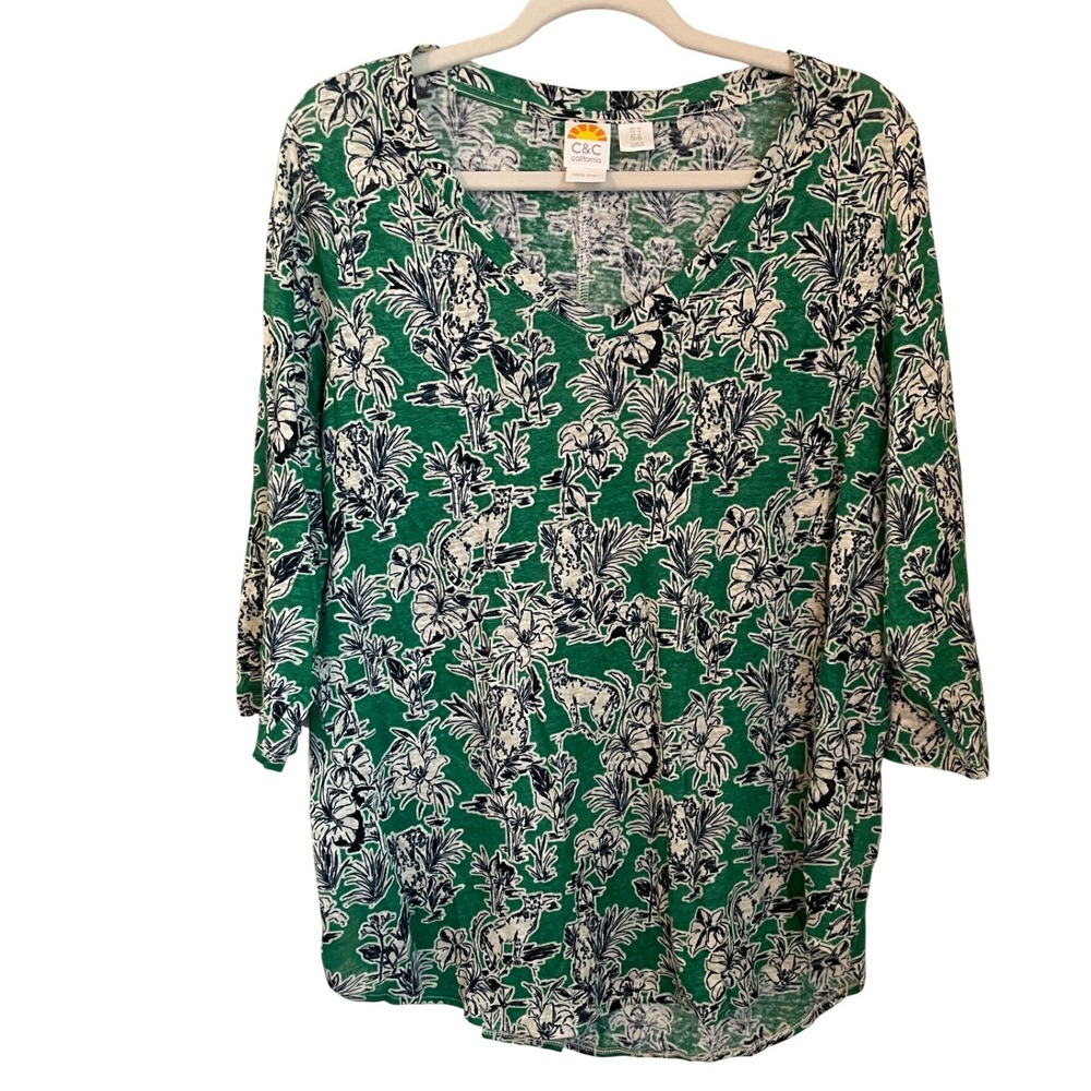C&C California 100% Linen Knit Tunic Kelly Green Jungle Cat Print Size 1X VNeck